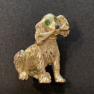 Gold Dog Brooch with Green Eyes